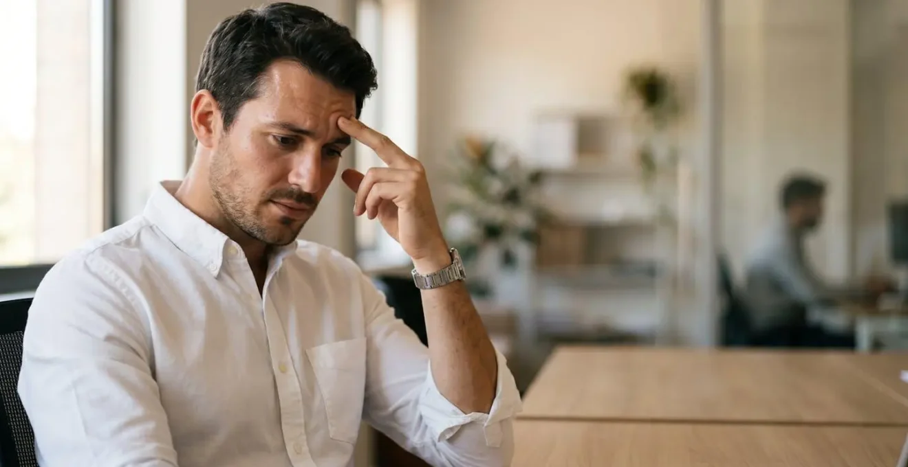 Homme élégant touchant délicatement son front en milieu de journée, illustrant le problème de brillance cutanée masculine