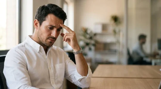 Homme élégant touchant délicatement son front en milieu de journée, illustrant le problème de brillance cutanée masculine