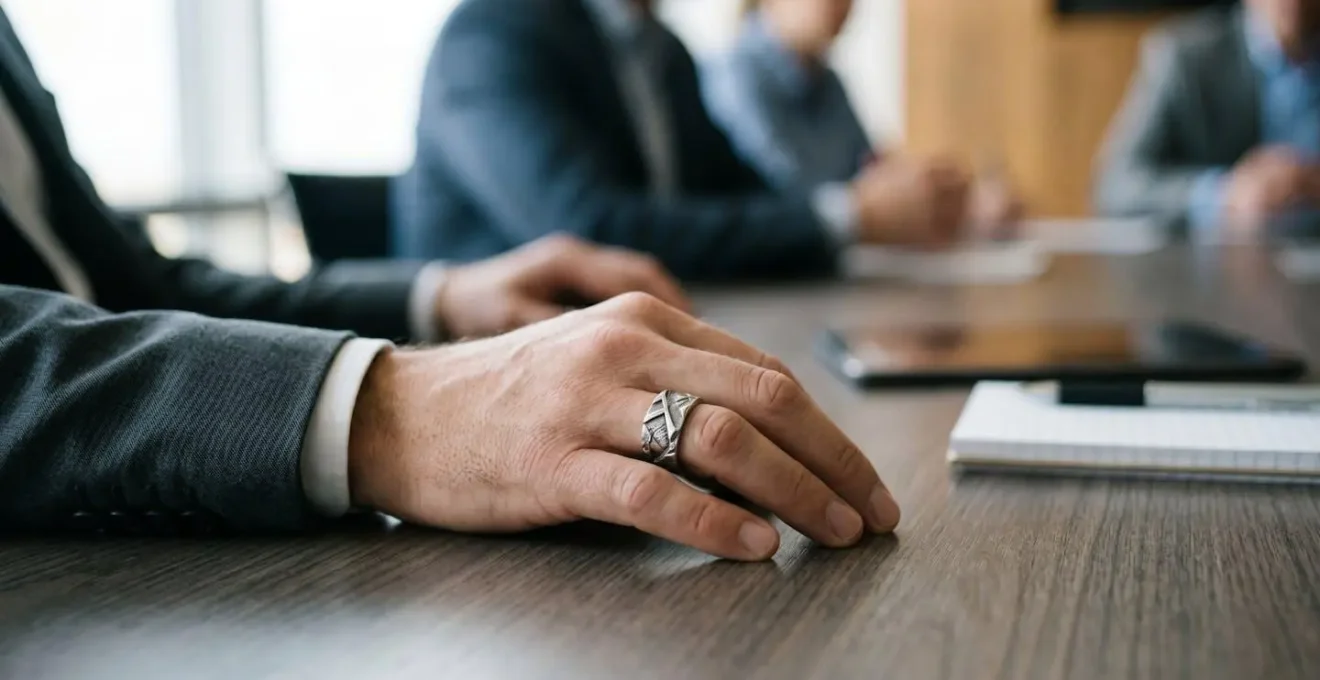 Gros plan sur la main d'un homme portant une bague distinctive lors d'une réunion professionnelle