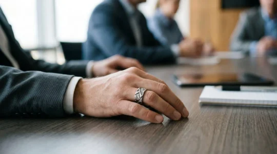 Gros plan sur la main d'un homme portant une bague distinctive lors d'une réunion professionnelle