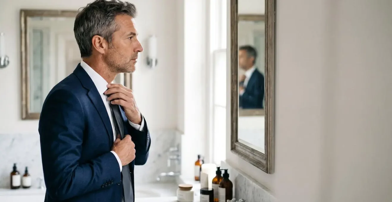 Homme professionnel se préparant devant un miroir, vérifiant ses détails de grooming avant une rencontre importante