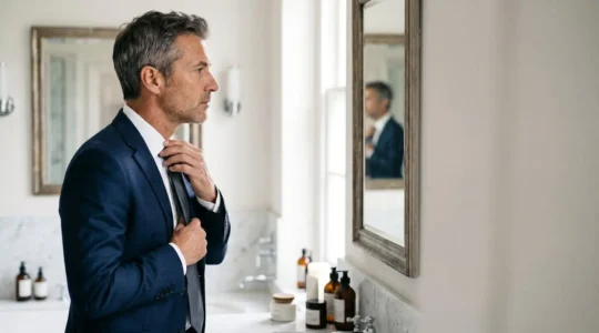 Homme professionnel se préparant devant un miroir, vérifiant ses détails de grooming avant une rencontre importante