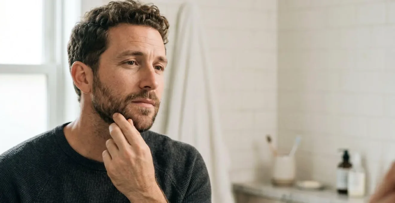 Homme examinant sa barbe dans un miroir avec expression concentrée et soin du visage masculin