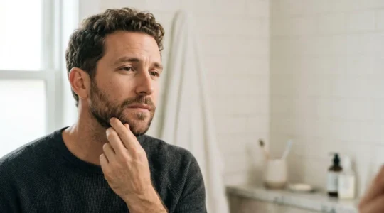 Homme examinant sa barbe dans un miroir avec expression concentrée et soin du visage masculin