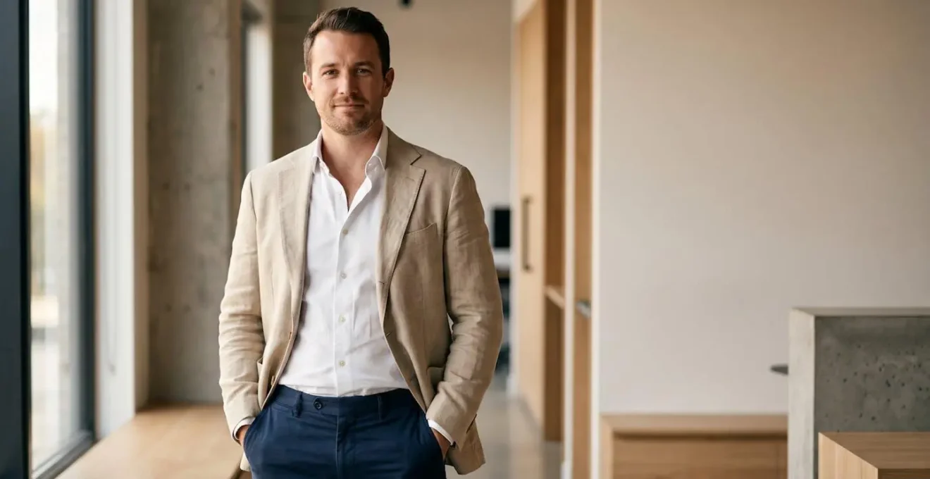Homme portant un blazer sans doublure beige avec chino bleu marine dans un cadre professionnel épuré