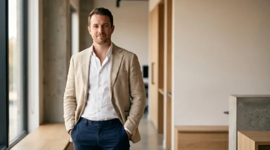 Homme portant un blazer sans doublure beige avec chino bleu marine dans un cadre professionnel épuré