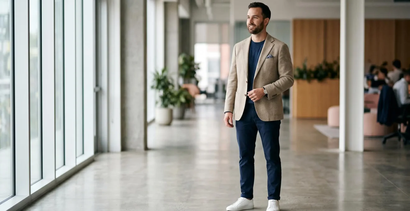 Homme élégant en tenue business casual avec blazer déstructuré, chino et pochette de costume