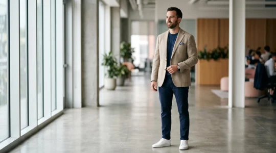 Homme élégant en tenue business casual avec blazer déstructuré, chino et pochette de costume
