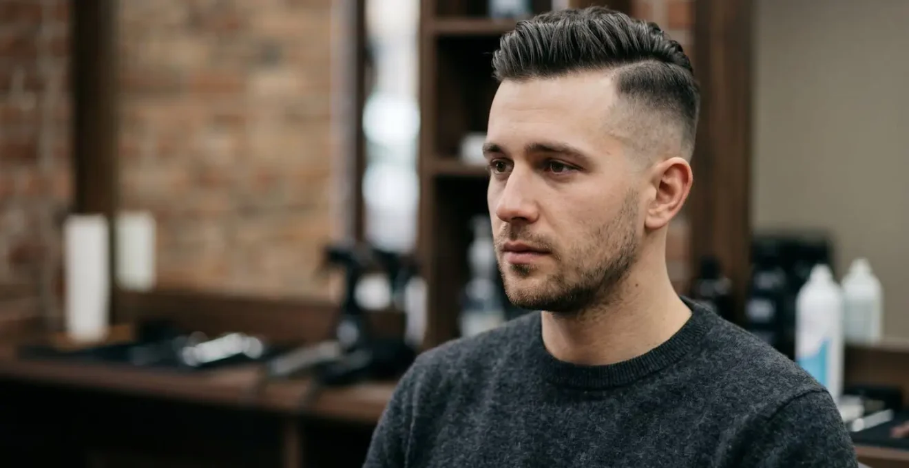 Homme avec coupe undercut soignée présentant le contraste entre les côtés rasés et le dessus coiffé