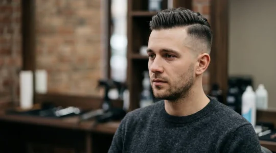 Homme avec coupe undercut soignée présentant le contraste entre les côtés rasés et le dessus coiffé