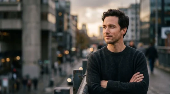 Homme en milieu urbain exposé à la pollution avec un teint préservé et lumineux malgré l'environnement pollué