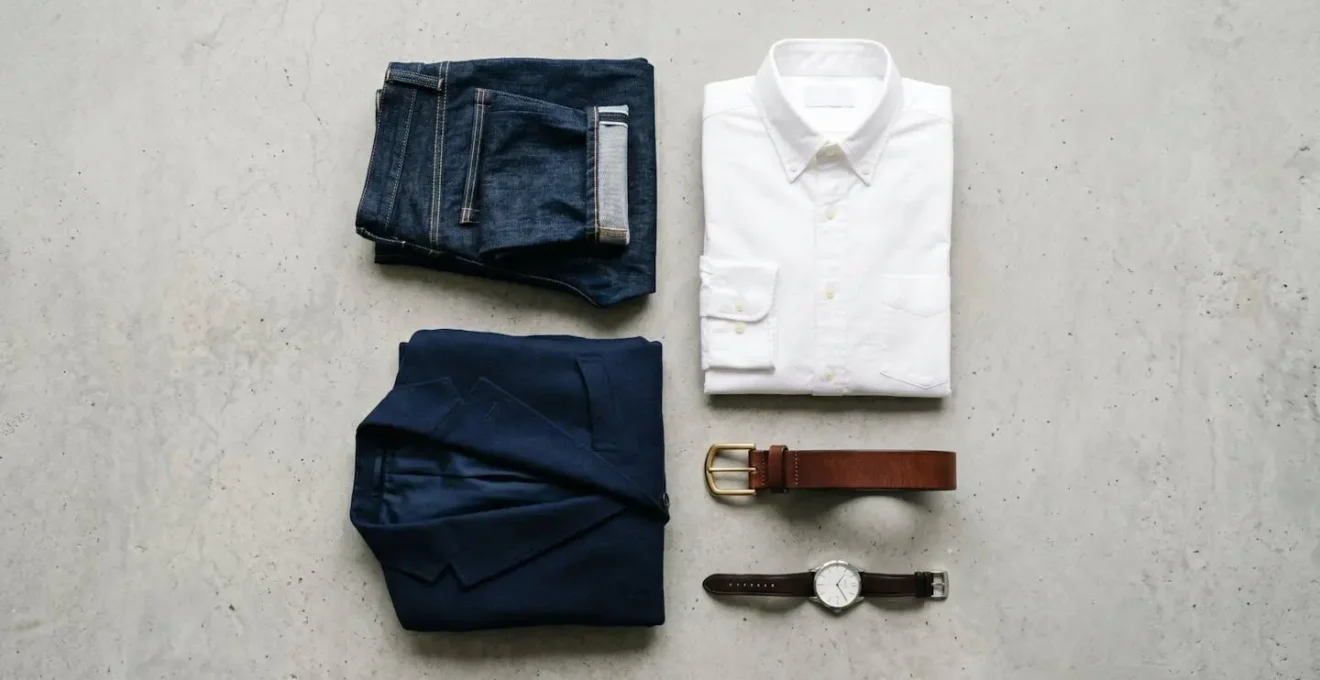 Composition minimaliste et editoriale de pieces vestimentaires essentielles masculines disposees sur fond neutre