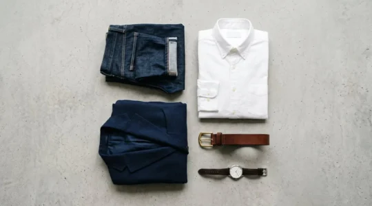 Composition minimaliste et editoriale de pieces vestimentaires essentielles masculines disposees sur fond neutre