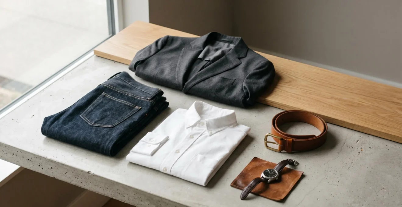 Vue éditoriale d'une composition minimaliste de vêtements masculins de qualité disposés sur une surface épurée