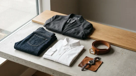 Vue éditoriale d'une composition minimaliste de vêtements masculins de qualité disposés sur une surface épurée