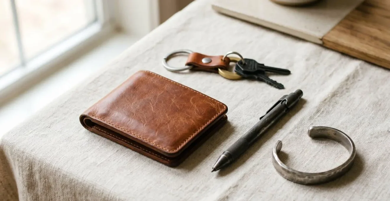 Composition élégante d'accessoires masculins de qualité disposés sur surface épurée pour cadeau fête des pères