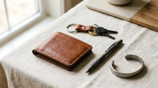 Composition élégante d'accessoires masculins de qualité disposés sur surface épurée pour cadeau fête des pères