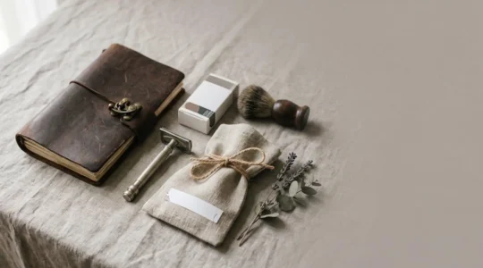 Composition élégante d'objets masculins soigneusement disposés pour un cadeau de Fête des Pères significatif et personnel