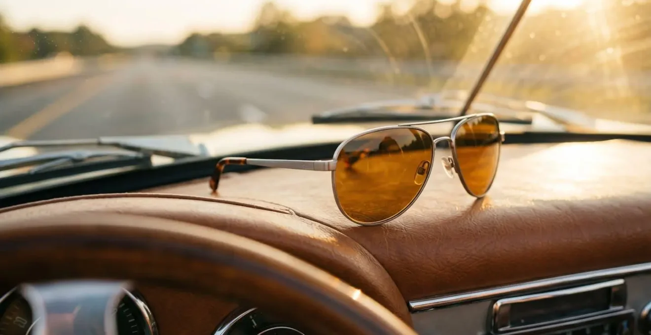 Lunettes de soleil polarisées posées élégamment dans un contexte automobile haut de gamme