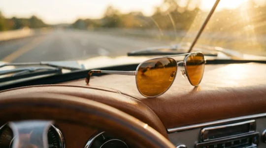 Lunettes de soleil polarisées posées élégamment dans un contexte automobile haut de gamme