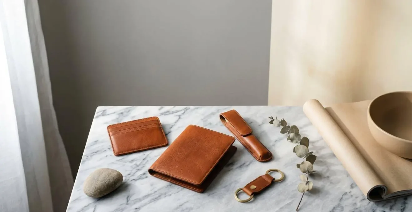 Accessoires de luxe élégants disposés sur fond minimaliste évoquant l'élégance accessible