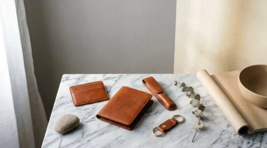 Accessoires de luxe élégants disposés sur fond minimaliste évoquant l'élégance accessible