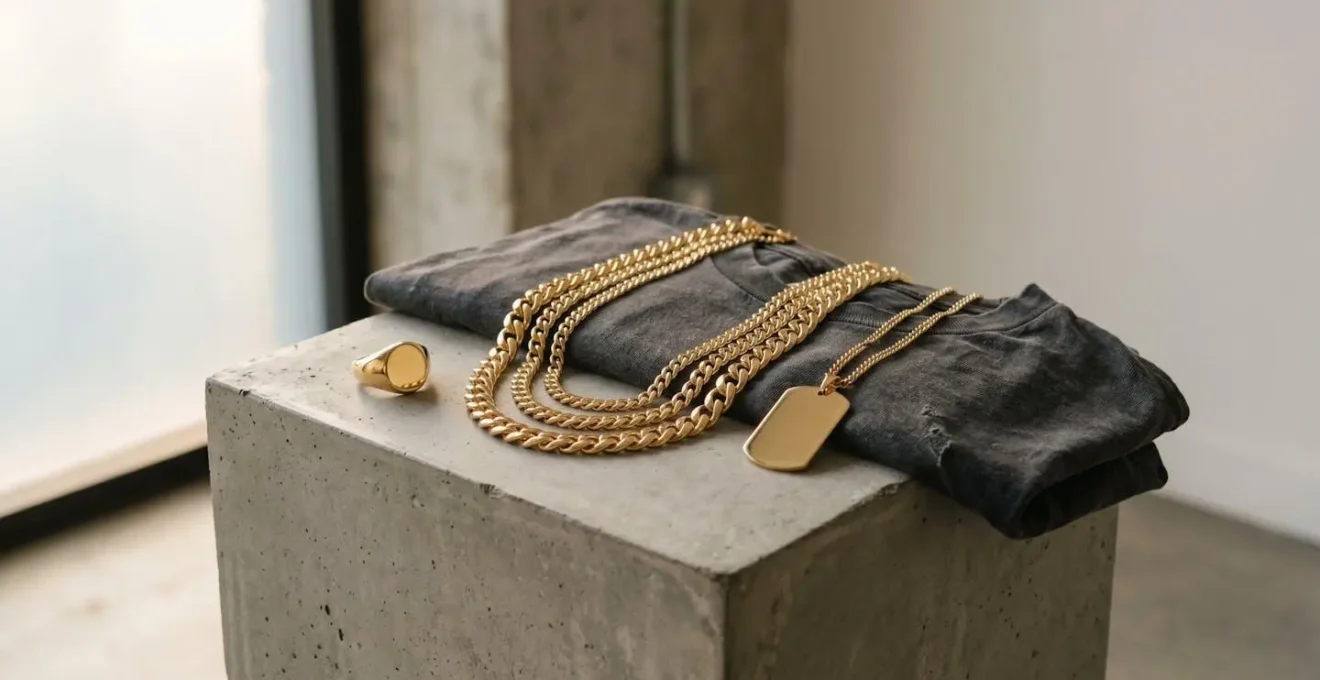 Composition elegante de bijoux masculins contemporains mettant en scene l'equilibre entre opulence et sophistication dans le streetwear de luxe