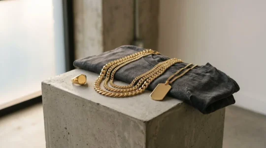 Composition elegante de bijoux masculins contemporains mettant en scene l'equilibre entre opulence et sophistication dans le streetwear de luxe