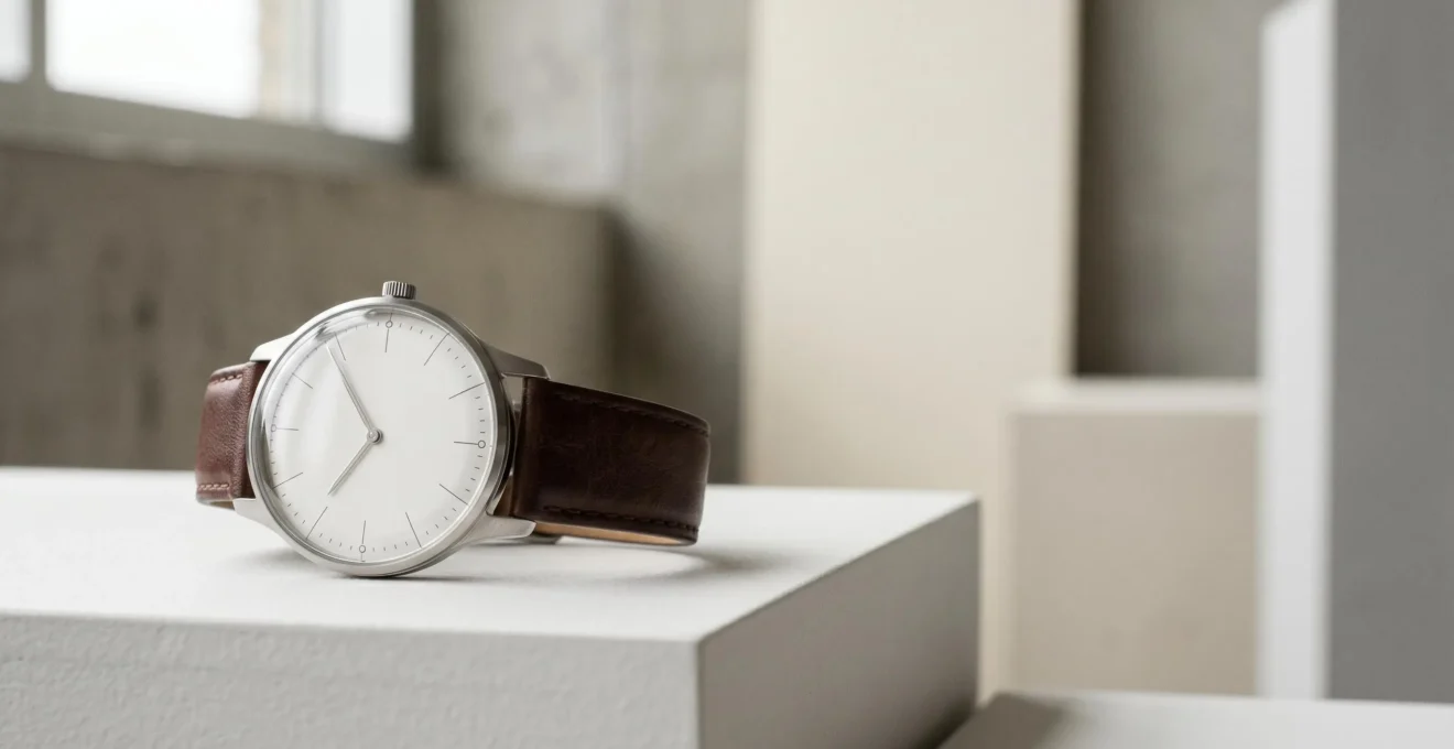 Montre minimaliste de style Bauhaus sur fond epure illustrant la philosophie Less is More