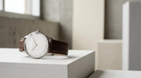 Montre minimaliste de style Bauhaus sur fond epure illustrant la philosophie Less is More