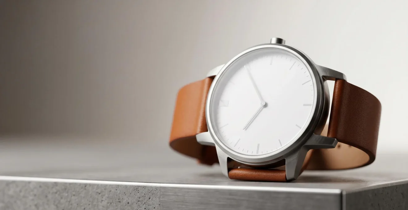 Montre Bauhaus élégante au design minimaliste posée sur une surface épurée illustrant la philosophie Less is More