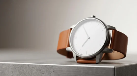 Montre Bauhaus élégante au design minimaliste posée sur une surface épurée illustrant la philosophie Less is More