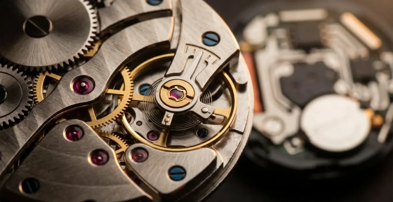 Gros plan sur le mouvement mécanique d'une montre de luxe révélant l'artisanat horloger