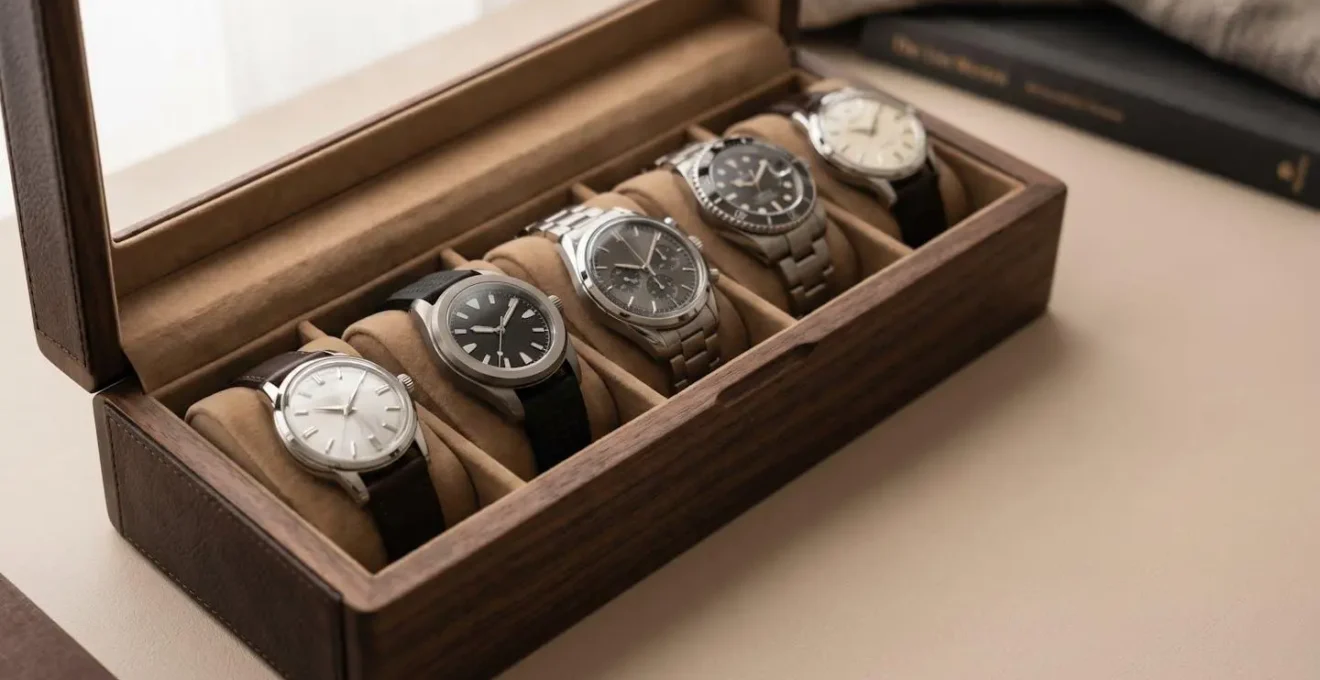 Collection de montres de luxe soigneusement rangées dans un coffret de rangement premium avec compartiments individuels sur fond neutre