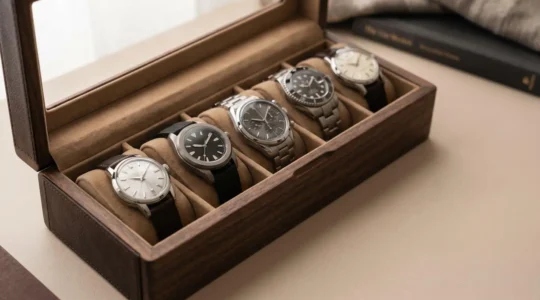 Collection de montres de luxe soigneusement rangées dans un coffret de rangement premium avec compartiments individuels sur fond neutre
