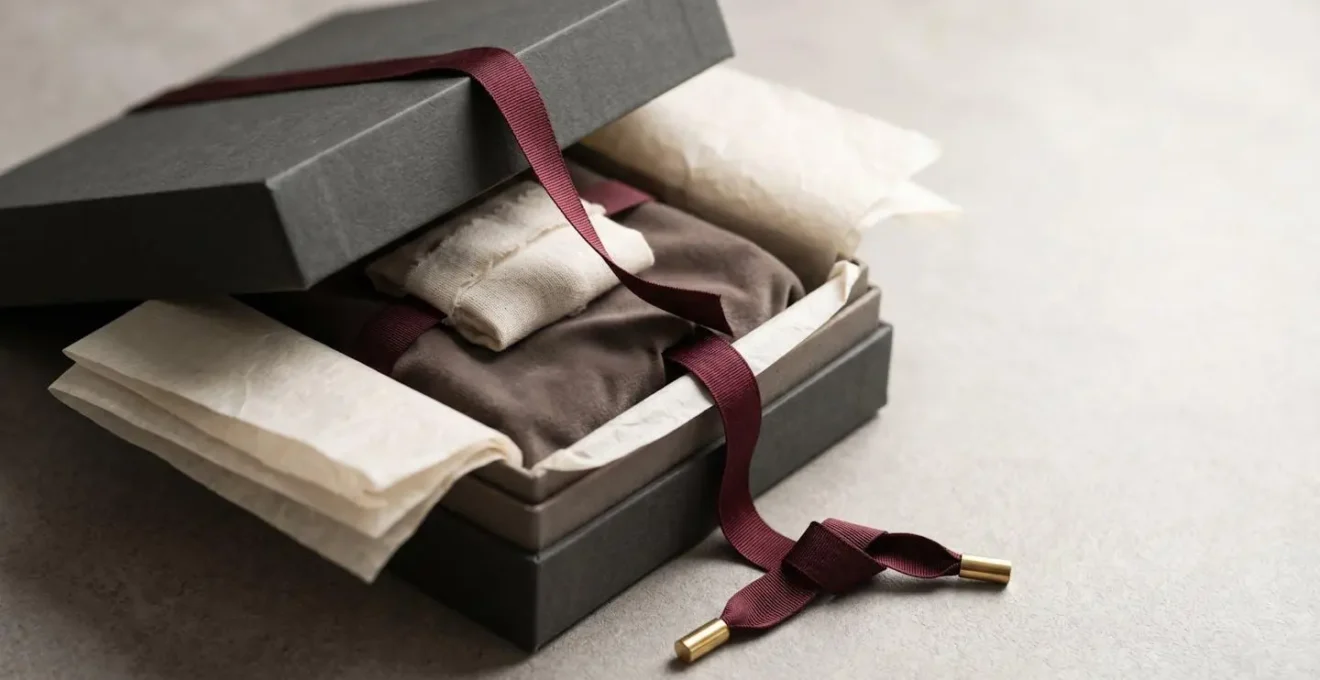 Coffret cadeau de luxe ouvert révélant une présentation soignée avec des textures premium et des éléments de packaging haut de gamme