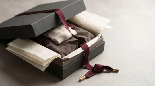 Coffret cadeau de luxe ouvert révélant une présentation soignée avec des textures premium et des éléments de packaging haut de gamme