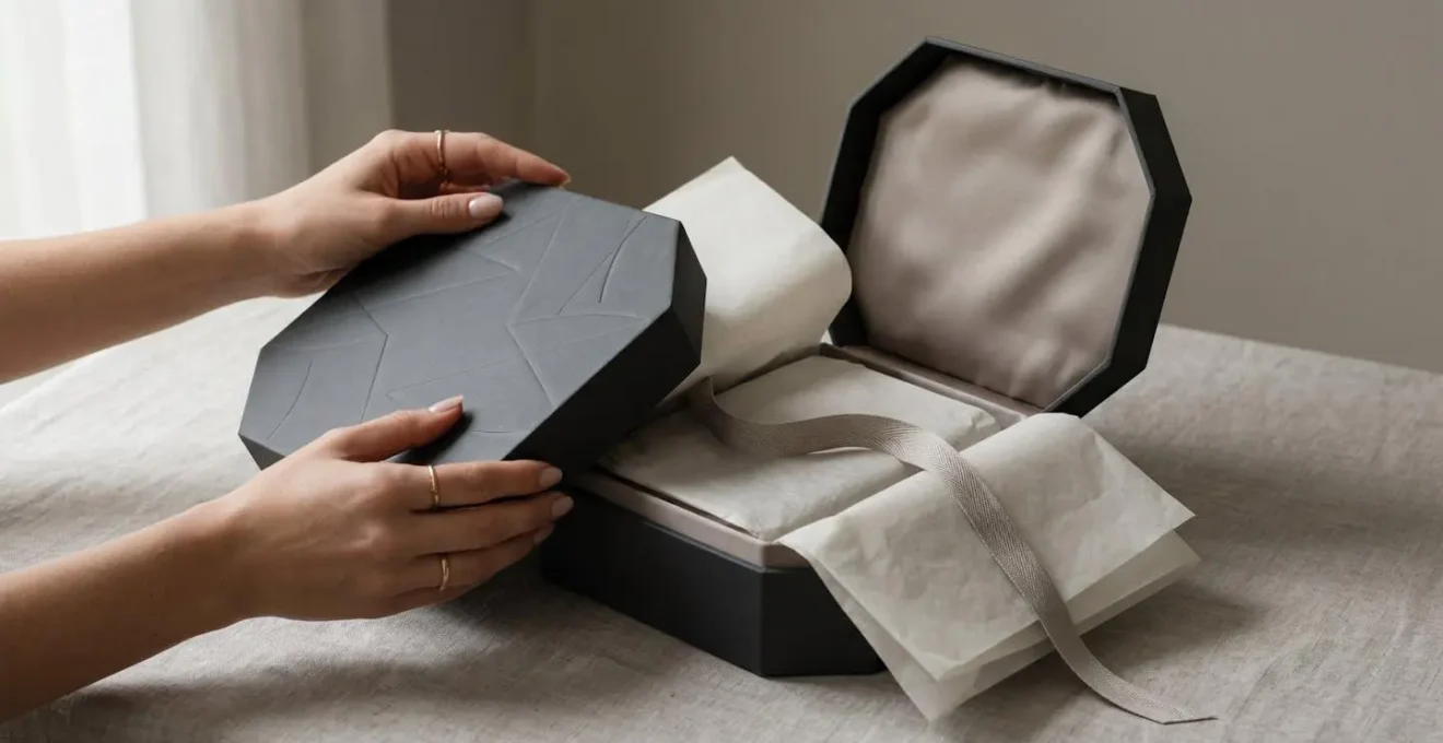 Packaging de luxe épuré avec détails sensoriels sophistiqués créant un effet waouh au déballage