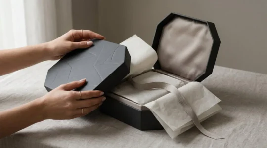 Packaging de luxe épuré avec détails sensoriels sophistiqués créant un effet waouh au déballage