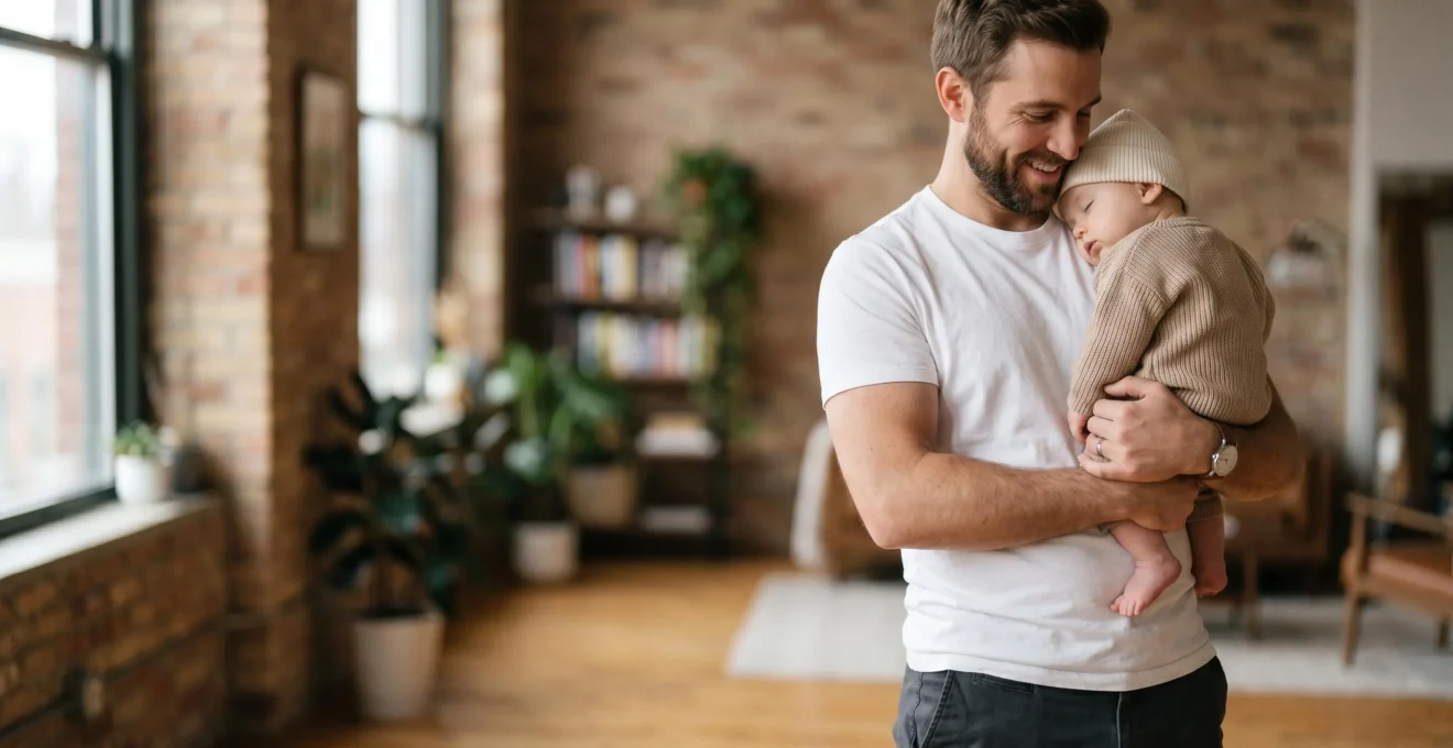 Père moderne tenant son bébé tout en gardant son style urbain élégant