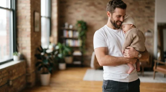 Père moderne tenant son bébé tout en gardant son style urbain élégant