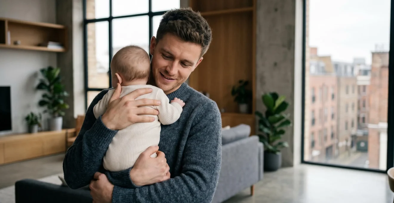Un père élégant et décontracté portant son bébé dans un environnement urbain contemporain