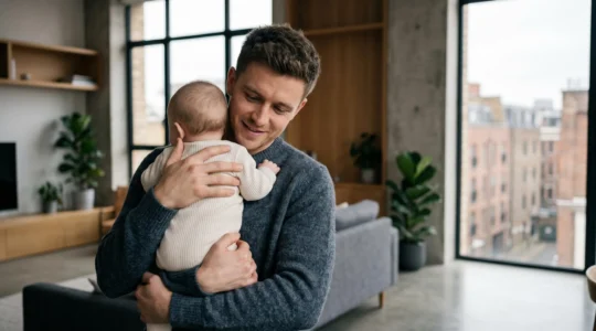 Un père élégant et décontracté portant son bébé dans un environnement urbain contemporain