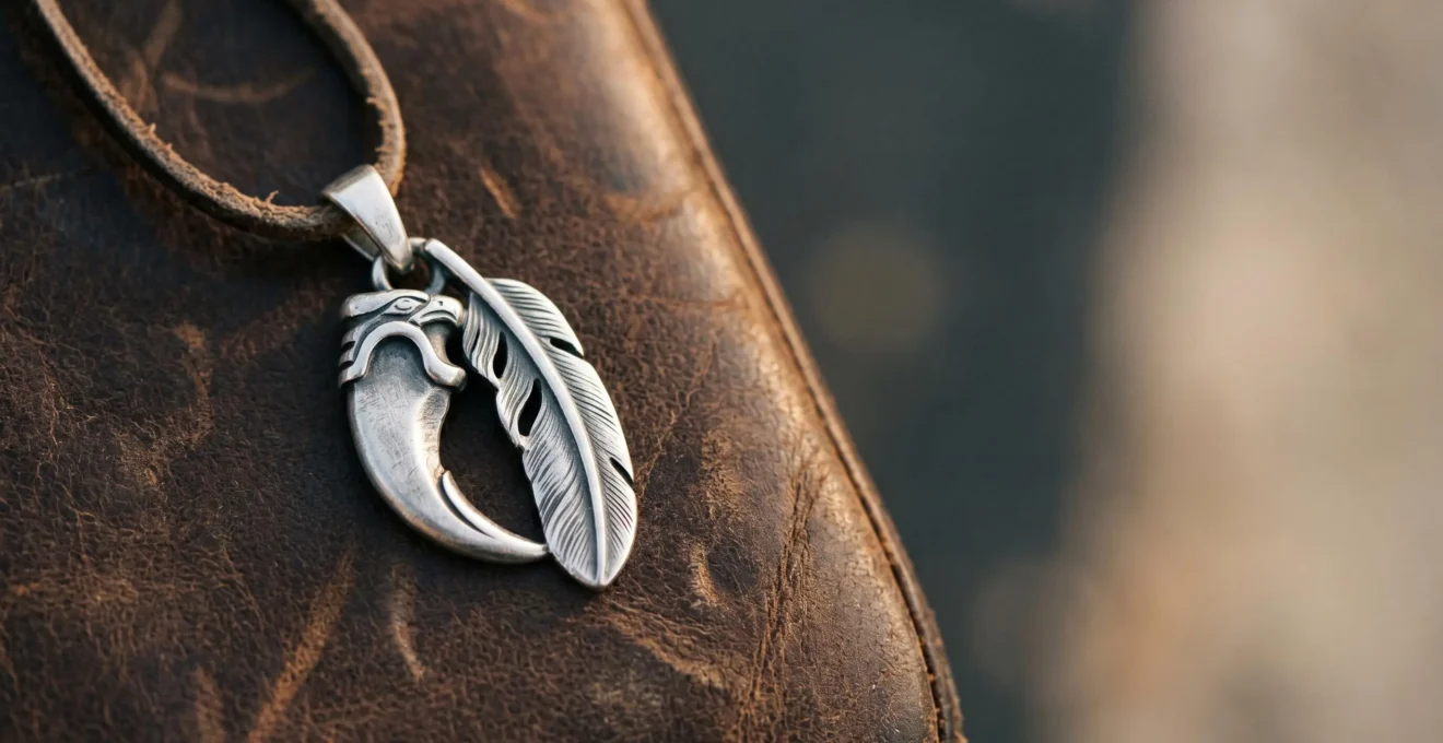Pendentif totem symbolique en argent reposant sur une surface texturée avec lumière naturelle