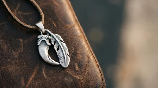 Pendentif totem symbolique en argent reposant sur une surface texturée avec lumière naturelle