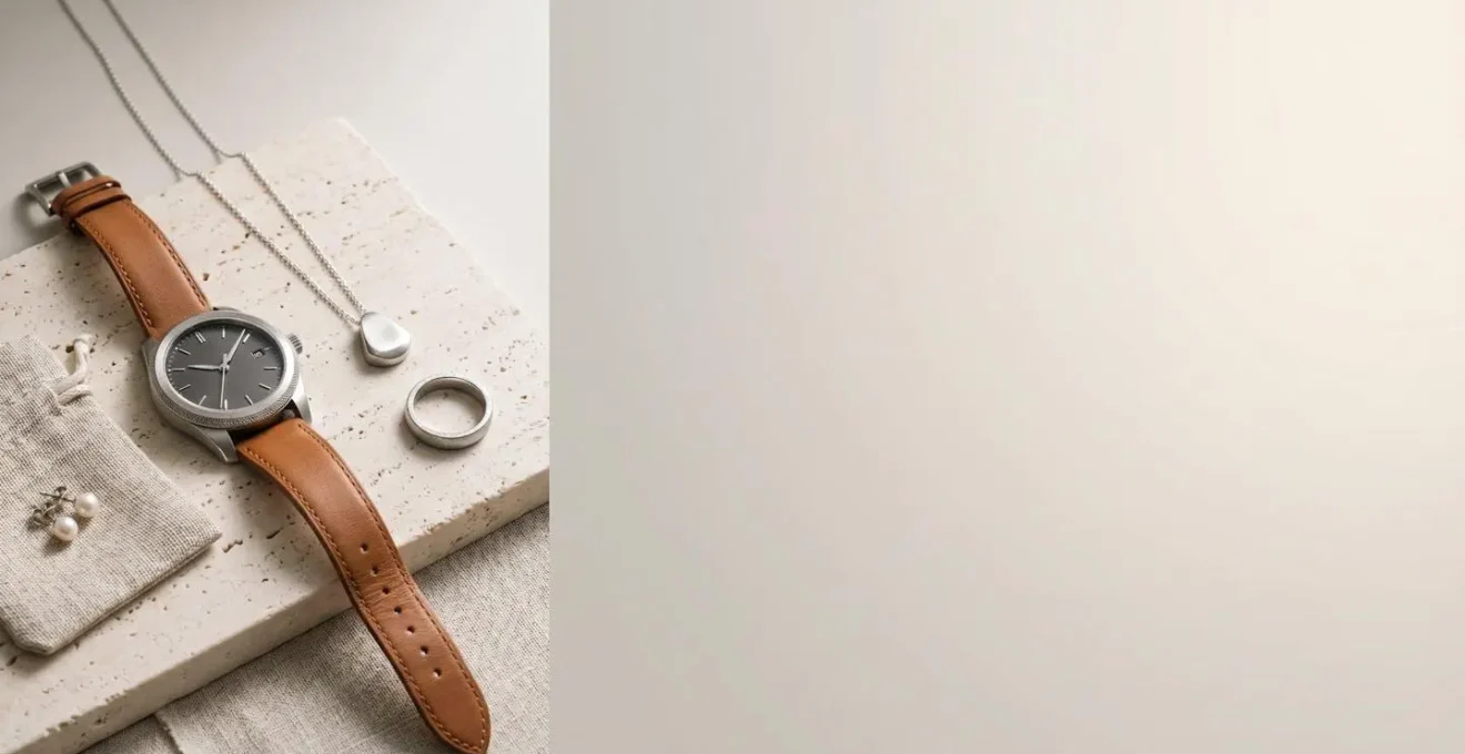 Composition minimaliste mettant en valeur des pièces d'horlogerie et de joaillerie haut de gamme sur fond épuré