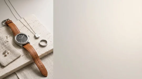 Composition minimaliste mettant en valeur des pièces d'horlogerie et de joaillerie haut de gamme sur fond épuré