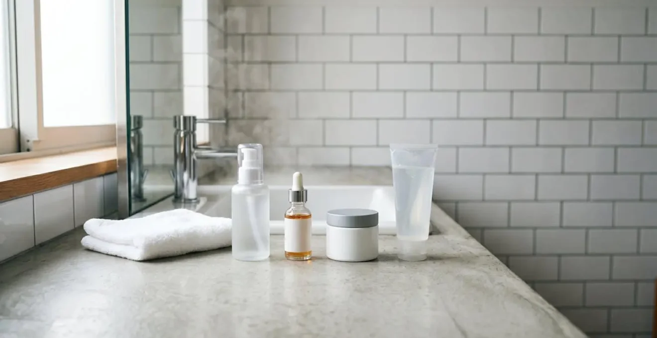 Homme appliquant des soins du visage dans une salle de bain moderne organisée, routine matinale rapide et efficace