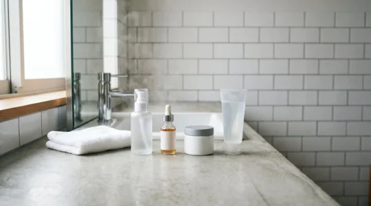 Homme appliquant des soins du visage dans une salle de bain moderne organisée, routine matinale rapide et efficace