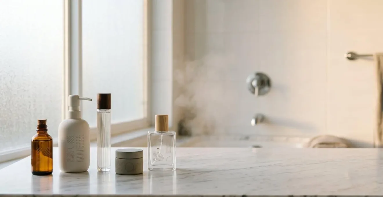 Homme réalisant sa routine de soin matinale dans une salle de bain moderne et épurée